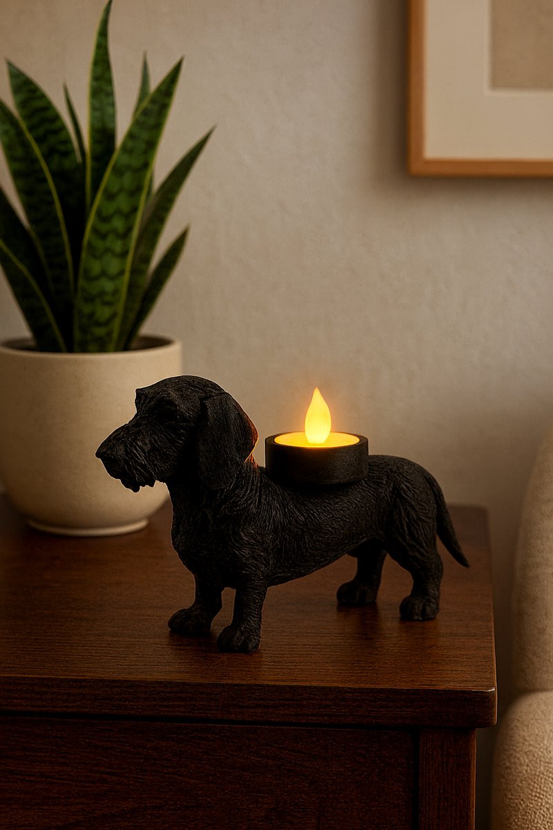 Ruwharige Teckel waxinelichthouder zwart – 3D-geprint hondenbeeld – LED theelichthouder – PLA woondecoratie