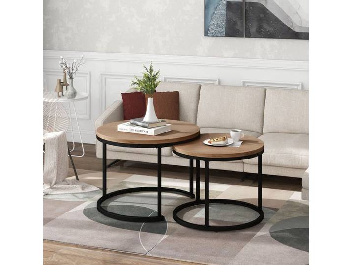 Ensemble 2 Tables Basses Rondes Chêne - Table D'appoint Encastrable - Salon Design - Set Pratique Et Élégant - Meuble Moderne