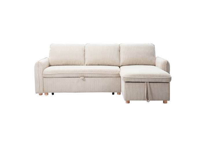 Ecksofa, umwandelbar, reversibel, mit Bettkasten, 3-Sitzer, aus beigefarbenem Cord-Samtstoff und hellem Holz ORSO