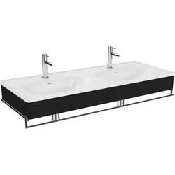 VitrA Equal Doppelmöbelwaschtisch-Set 64097 132,5x52cm, Möbelwaschtisch asymmetrisch, weiß, Handtuchhalter, mit Holzblende schwarz-eiche