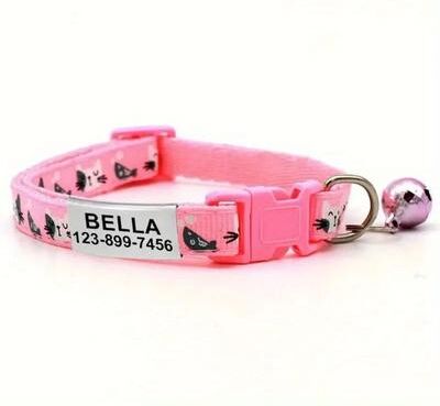 Inspired Living Personalized Reflective Cat Collar With Engraved Name Tag & Bell pink