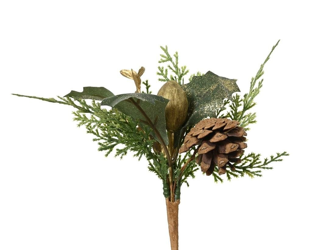 Gemengd bos decoratie op steel groen/goud 20 cm