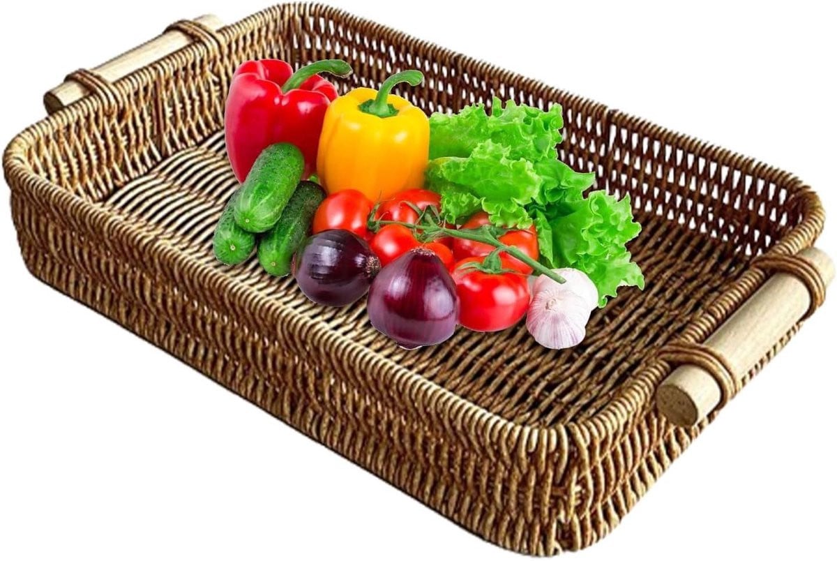 Rechthoekig Rotan Dienblad met Houten Handvat - Natuurlijk - Medium