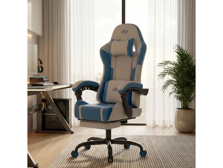 Chaise de jeu ergonomique, massage lombaire et appui-tête réglable, siège d'ordinateur en cuir PU avec repose-pieds rétractable et rotation à 360° ° Swivel