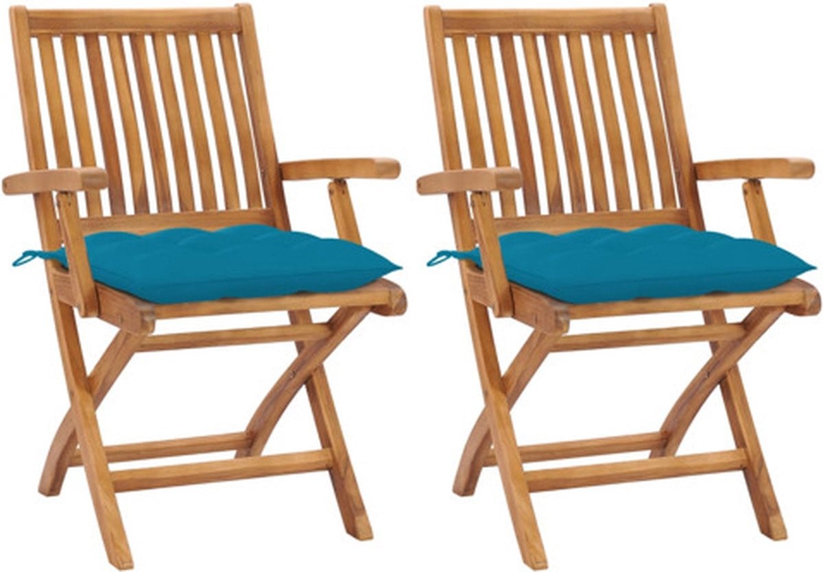 vidaXL Set van 2 Inklapbare Tuinstoelen met Lichtblauwe Kussens