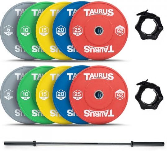 Taurus 150 kg Colour Bumper Olympic Weight Set with 20 kg Black Barbell
