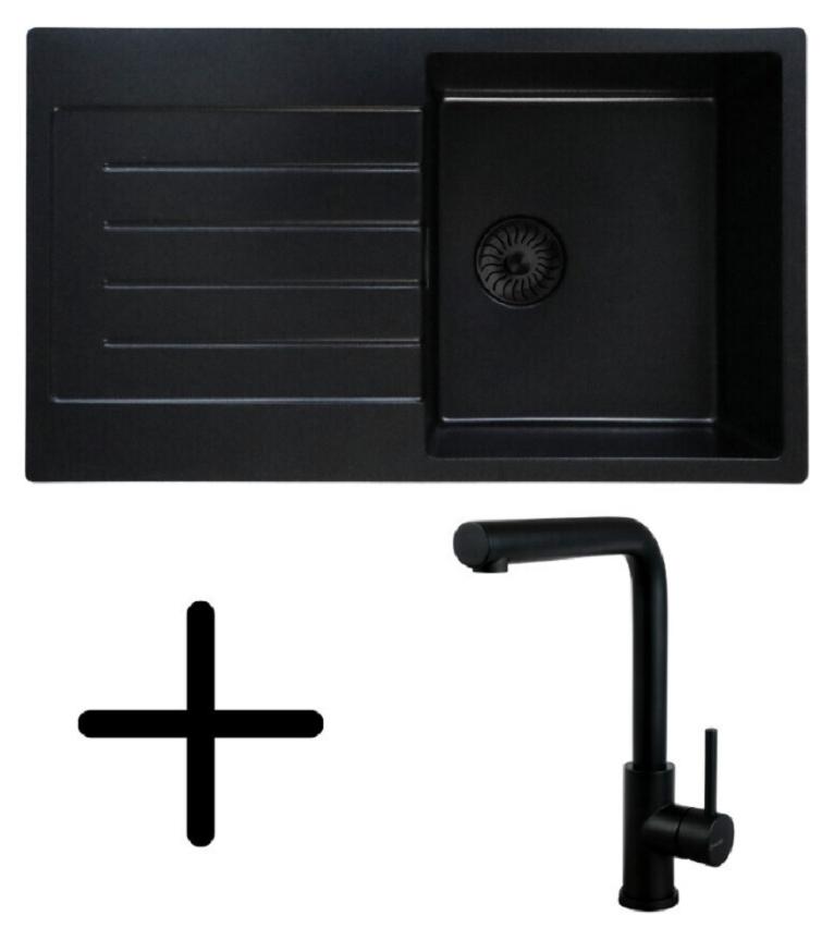 Caressi CAQPP770R10BK-EB Spüle, Einbau mit Küchenarmatur CABL003BKU. Schwarz.