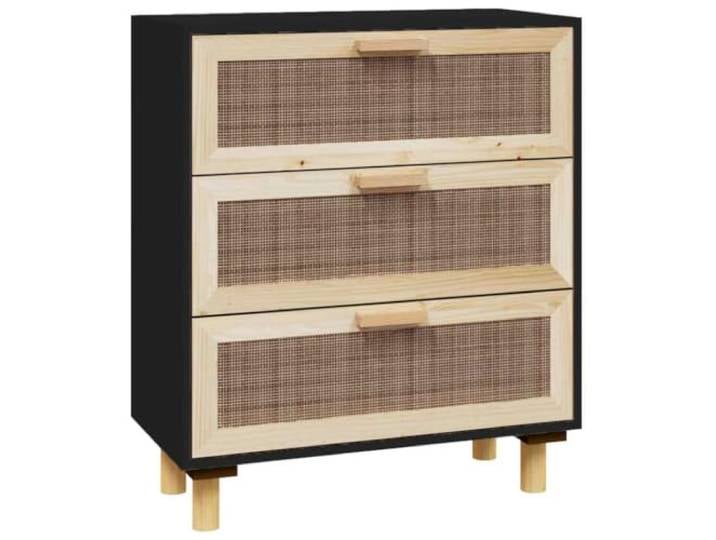 Fisinber Sideboard Schwarz 60x30x70 cm Kommode mit 3 Rattan Schubladen Kompakter Anrichteschrank mit Wiener Geflecht fuer Schlafzimmer und Flur. Bietet viel Stauraum auf kleinem Raum.