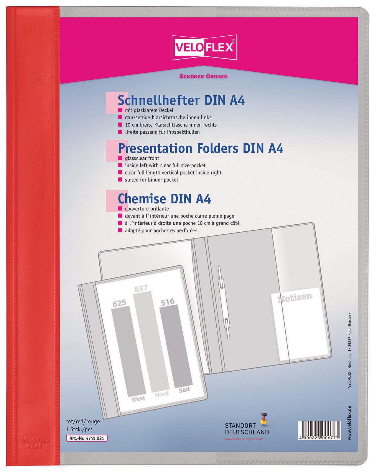 VELOFLEX Schnellhefter DIN A4 überbreit PVC hellrot 4741021