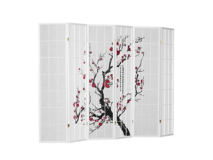 Homestyle4u Paravent 6 teilig Weiß Raumteiler Holz Shoji Reispapier Kirschblüten Shoji