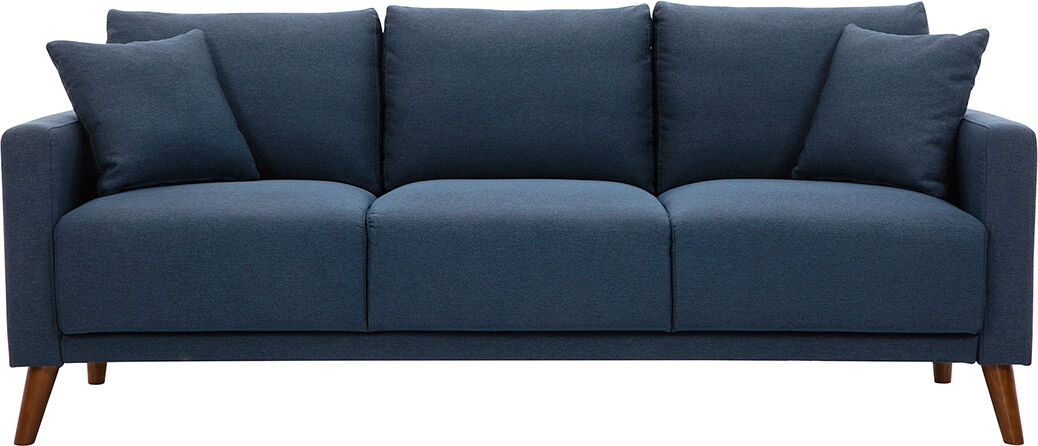 Miliboo 3-Sitzer-Sofa mit dunkelblauem Stoff und dunklem Holz MUNIK