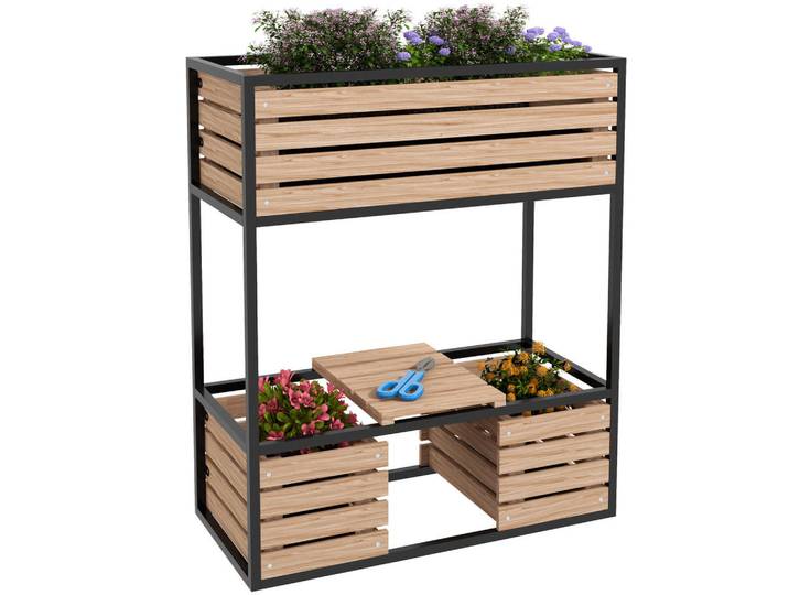 ComfortXL Hochbeet De-05281 Blumentreppe, 3 Pflanzkästen Natur/Schwarz, Braun, Metall, 83x100x39 cm, Gartenzubehör, Hochbeete