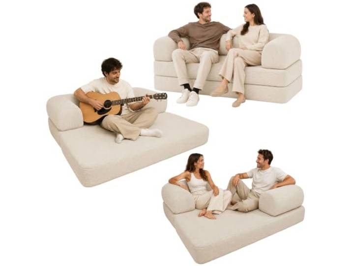 bananair - Sofa 2 Sitzer, Modulares Schlafsofa aus hochdichtem Schaumstoff und Cordstoff, Boneless Couch, Komprimiert Geliefert (Ecru)