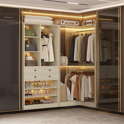 Rackcog Grimm Coner Closet Organizer System with Shoe Racks and Drawers, Freestanding Wardrobe with Hanging Rods and Shelves