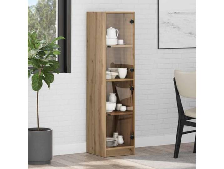 Elegantes Highboard mit Glastüren und Stauraum aus Holzwerkstoff, Modernes Highboard mit Glastüren für die Einrichtung, Weißes mit zur Aufbewahrung für Wohnzimmer in Artisan-Eiche