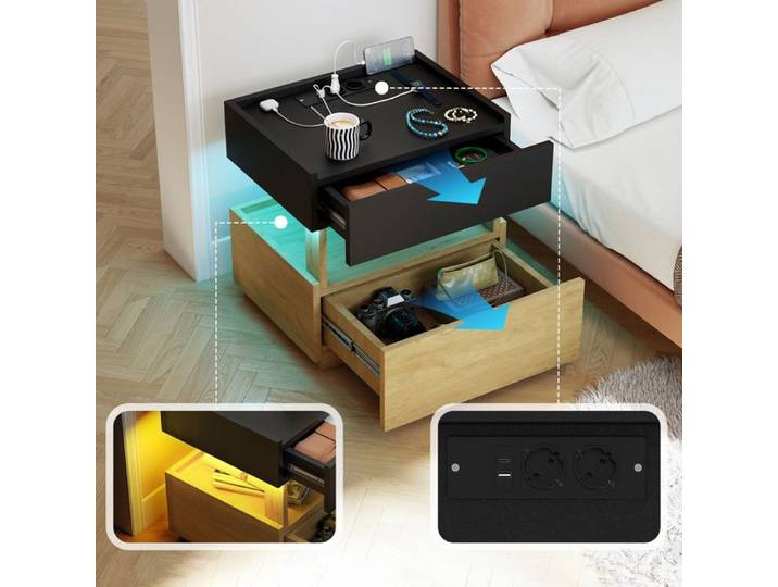 WUVRIE Table de chevet intelligente 50 x 40 x 50 cm avec charge sans fil LED USB et 2 tiroirs