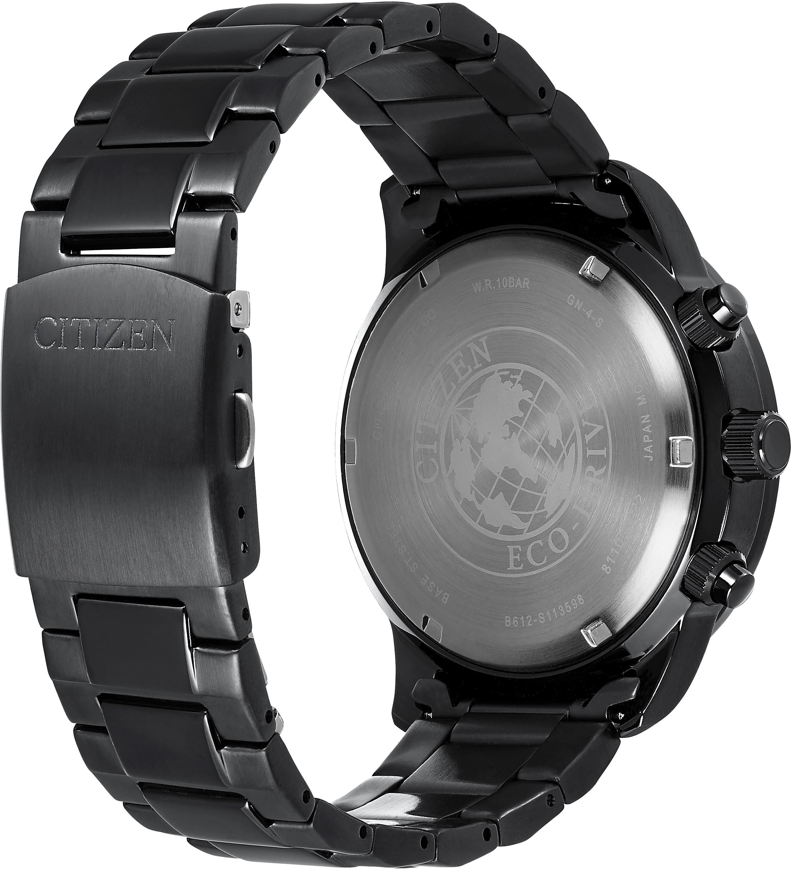 Chronograph CITIZEN, schwarz (schwarz, schwarz), Armbanduhren, Herren, schwarz, Chronograph, Armbanduhr, Herrenuhr, Solar, Stoppfunktion, Edelstahlarmband schwarz, schwarz schwarz