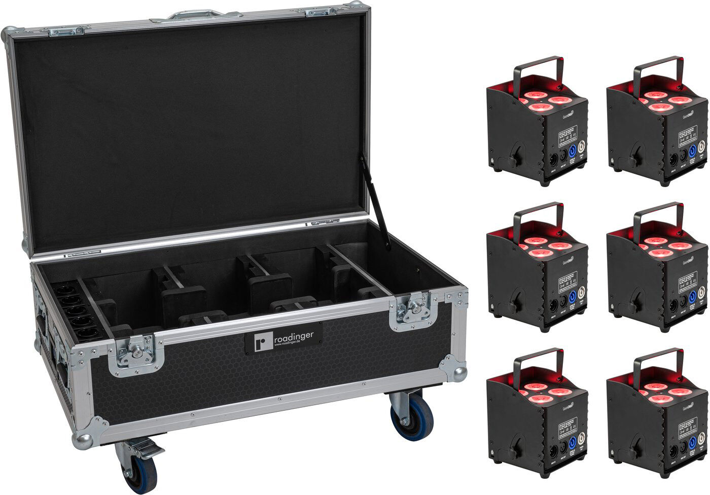 EuroLite Set 6x Akku Up-4 Qcl Spot Quickdmx Mk2 (Lichtstarkes Akku-Led-Uplight)+ Flightcase Mit Roll