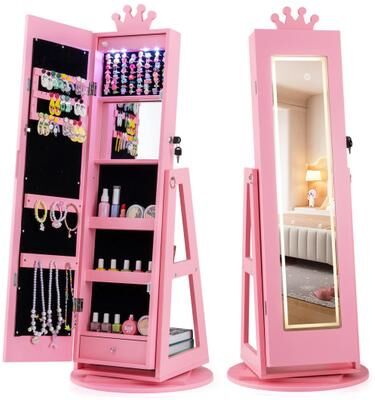 Costway 3 In 1 Kids Jewelry Cabinet with 3-Color Lighted Full Length Mirror and Internal Mirror-Pink