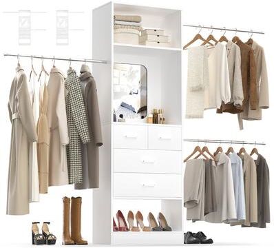 Rackcog 8FT Walk in Closet Organizer System with 3 Extendable Hanging Rods ＆ 4 Drawers ＆ Mirror