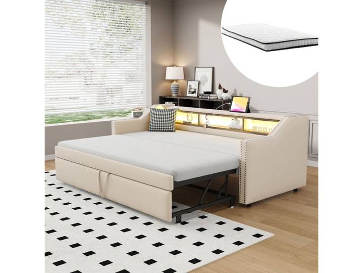 ULEVR Canapé-lit extensible moderne 2 places 203.5x102x74 cm - rangement avec USB et LED pour petite pièce beige