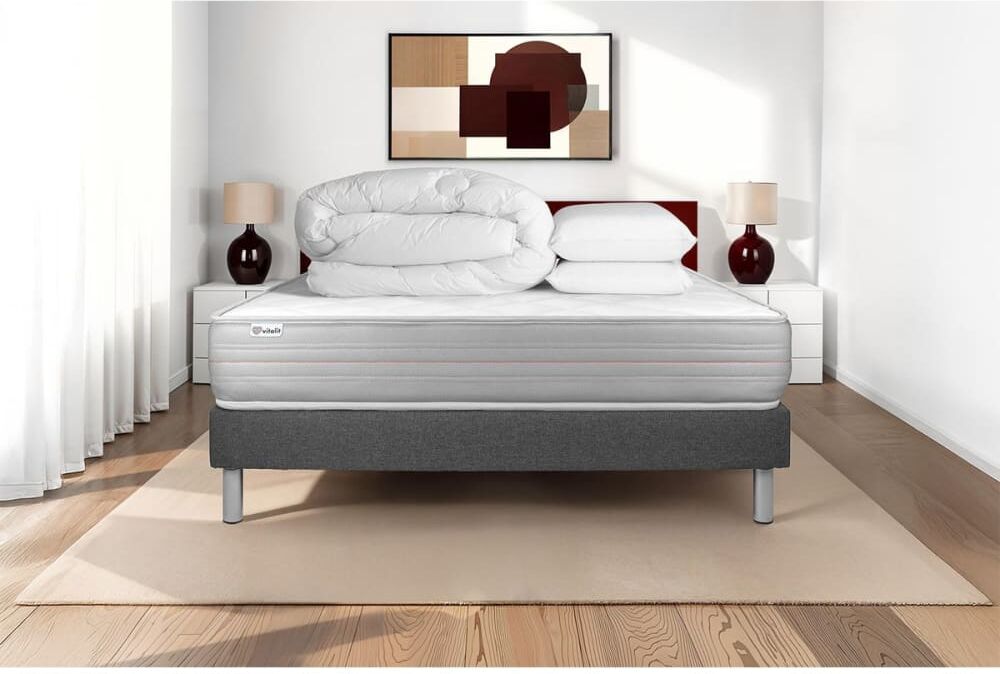 Vitalit Pack sommier kit matelas mémoire de forme 140x190 gris complet Gris 190x47x140cm