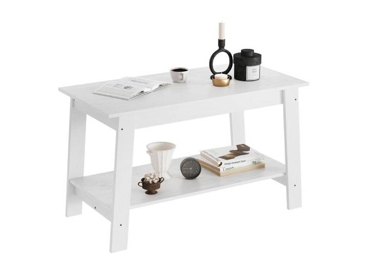 KOIOPLIE Table basse rectangulaire 2 niveaux 80 cm style industriel farmhouse table de salon avec étagère de rangement Blanc