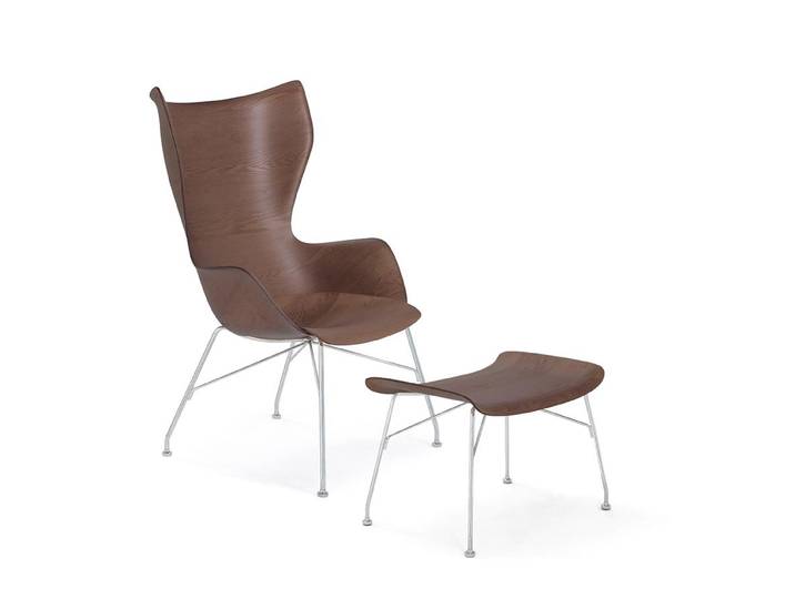 KARTELL fauteuil K/WOOD avec le pouf S/WOOD SMART WOOD (Foncé, base chromée - frêne et acier)