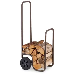 Relaxdays Kaminholzwagen, 2 Gummireifen, Holzwagen bis 60 kg, für gängige Holzscheite, Brennholz-Sackkarre, Stahl, braun