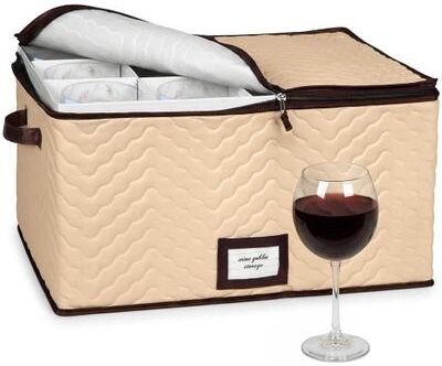 HOLDN’ STORAGE HOLDN' STORAGE Wine Glass Storage Box with Dividers, Stemware Storage Case, Durable Quilted Microfiber Bin with Carry Handles