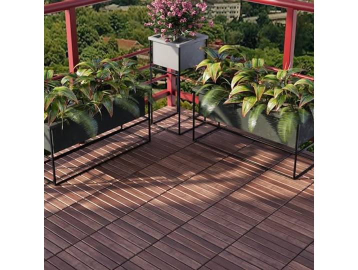 casa.pro Terrassenfliesen Alliste 10er Set Holzfliesen für Balkon 6 Lamellen 0,9 m² Outdoor Bodenbelag für Garten Klickfliesen wetterfest Bodenplatten Braun
