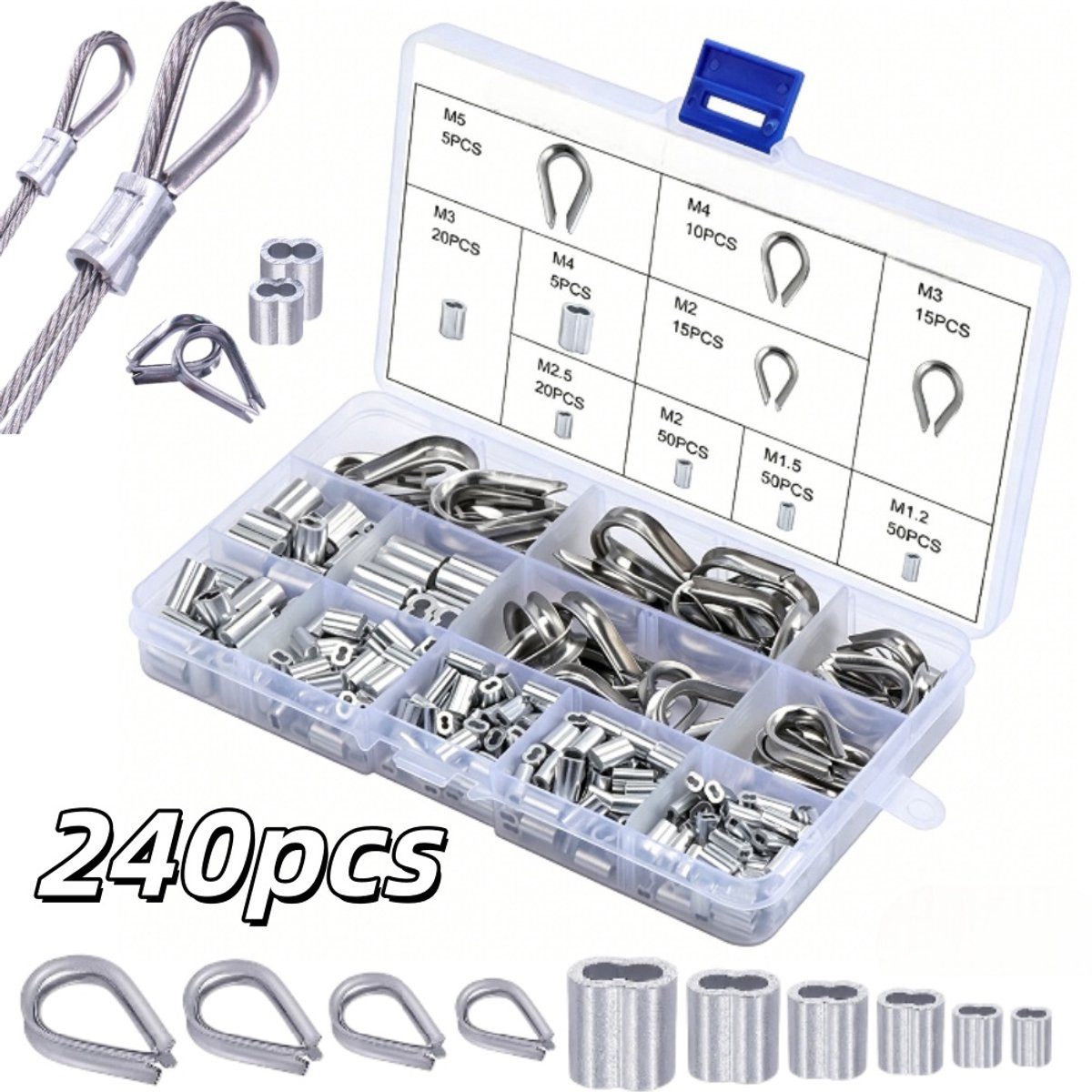 240-delige set accessoires voor staalkabel, zilverkleurig, voor installatie van schuttingen, 1 tot 4 cm