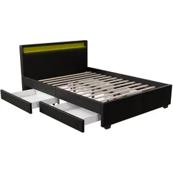 Juskys Polsterbett Lyon 140x200 cm mit Lattenrost, Bettkasten & LED Beleuchtung - schwarz