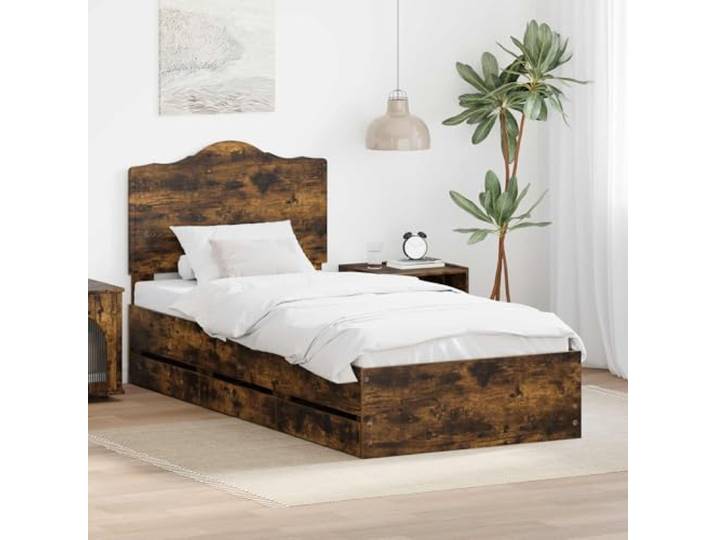 RJPLMFV Bettgestell, Eiche Rauch, 100 x 200 cm Langlebiges Holz, versteckte Schubladen, feste Latten, Bodenmontage