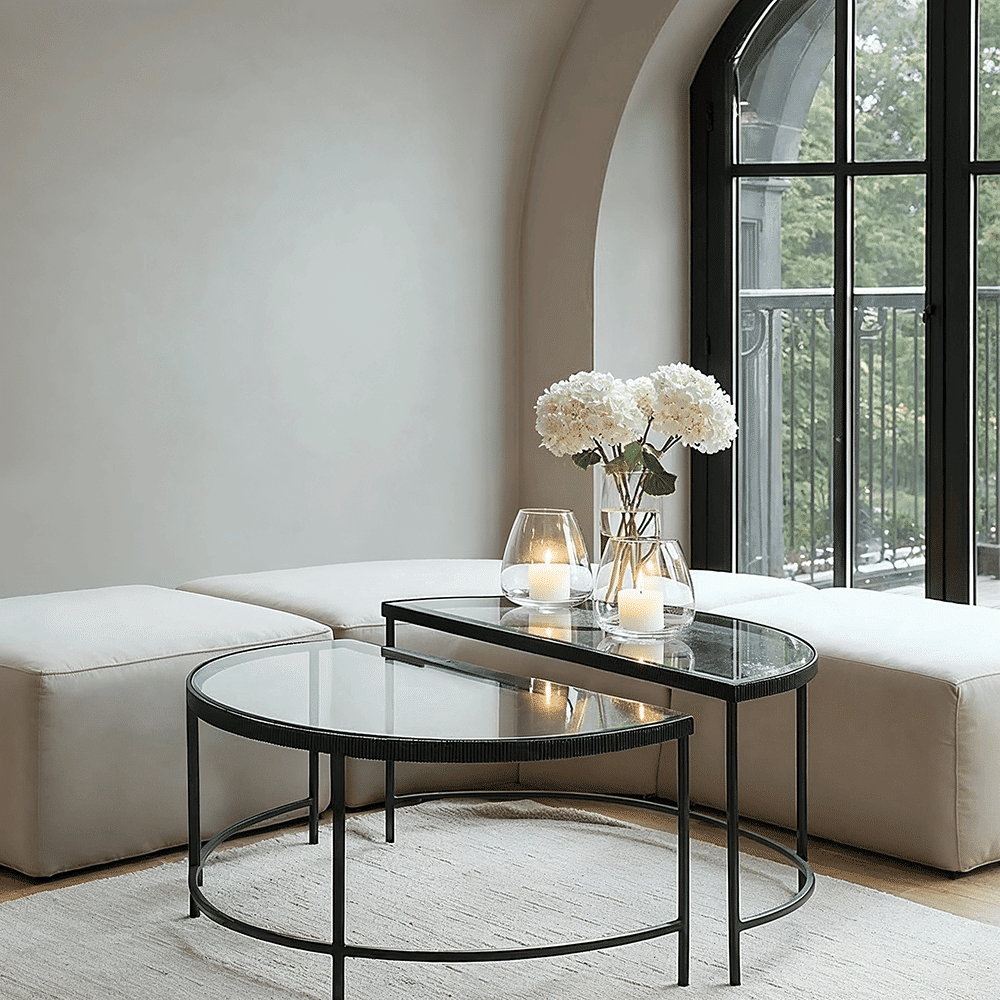 Alexis Bevelled Glass & Black Half Moon Coffee Tables - Set of 2