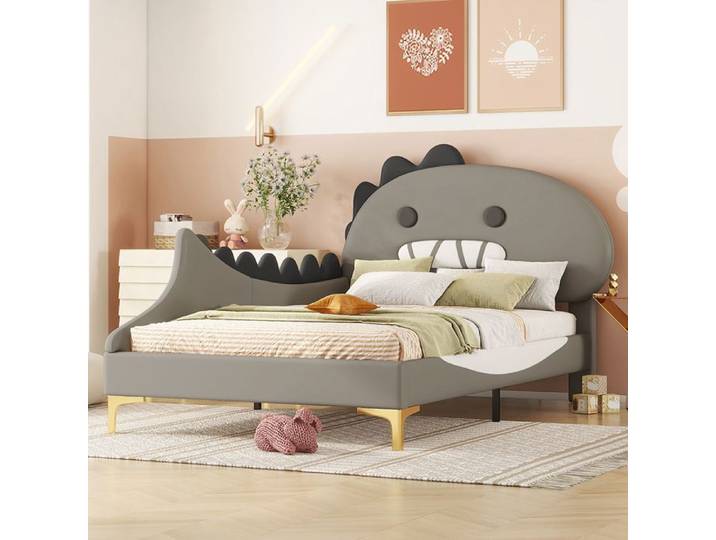 Lit jeune 90x200 cm Lit d'enfant Cartoon Dinosaur Form Lit plat PU Material Gris