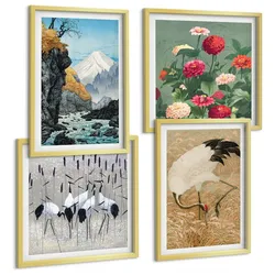 BILDER SET 4er Set - 50x50 cm & 40x60 cm Goldrahmen - Berge, Fluss, Blumen, Kraniche