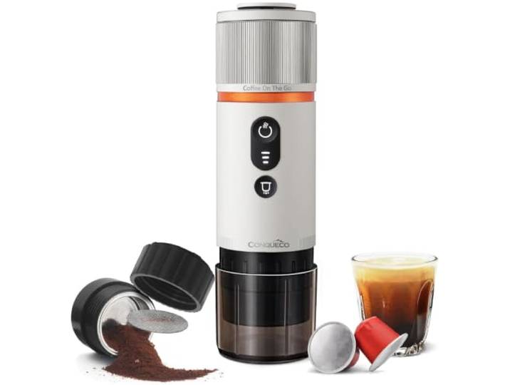 CONQUECO Kaffeemaschine Auto Espressomaschine 12v: Tragbare Akku Espresso Maker für Camping Reise - Mobile kapselmaschine Unterwegs fur Wohnmobil Lkw - 2 in 1 für gemahlenen kaffee und NS - kapseln