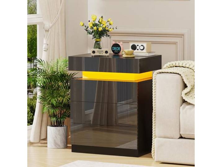 LVHCMFOHM Table de Chevet Noire - Avec Compartiment Supérieur à Rabat - Table de Nuit LED avec 3 Tiroirs - 45x35x61cm