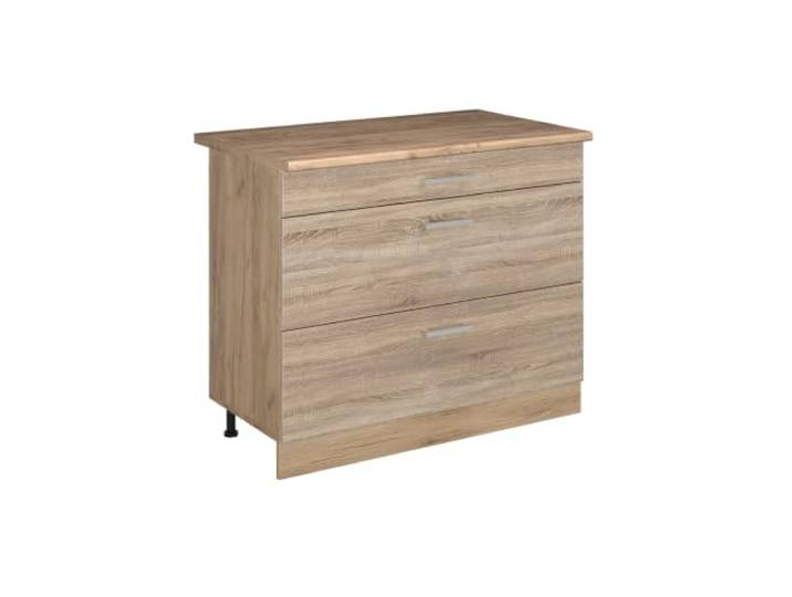 Vicco Küchenunterschrank R-Line, Sonoma/Goldkraft Eiche 100 cm 3 Schubladen · Arbeitsplatte Eiche · Höhenverst. Füße · Leichter Zugriff · Frei kombinierbar