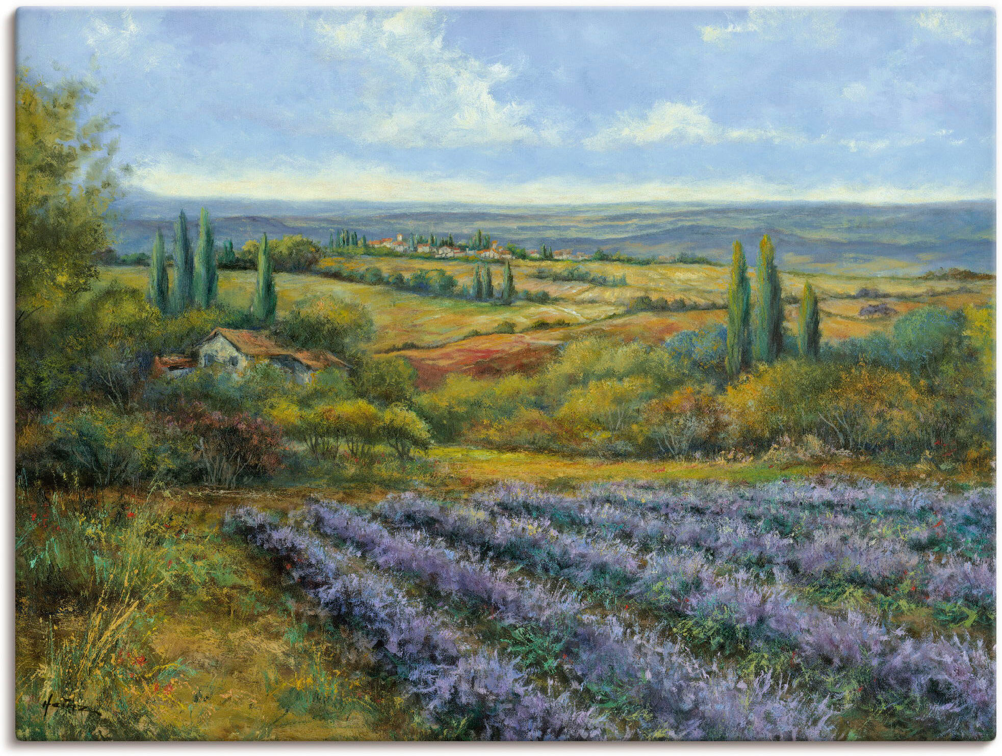 Leinwandbild ARTLAND "Lavendelfelder in der Provence", blau (farbe bild(er): blau), B:80cm H:60cm, Bilder, Leinwandbild, auf Holzrahmen gespannt farbe bild(er): blau B/H/T: 80cm x 60cm, Leinwandbild Europa Querformat, 1 Stk.