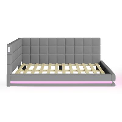 OKWISH Schlafsofa Polsterstoff Grau 206x147x63 cm, Liegefläche 140x200 cm, LED-Beleuchtung, USB-Anschluss, Lattenrost