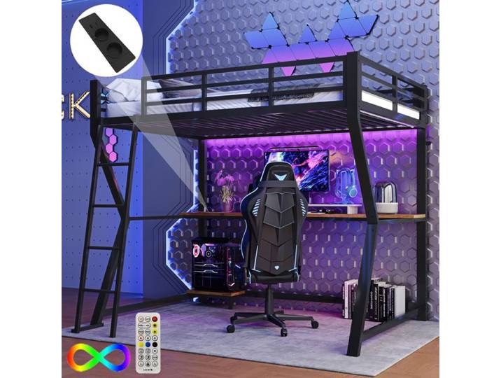 Lit mezzanine 90x200cm avec LED et prises - bureau + escalier - Noir