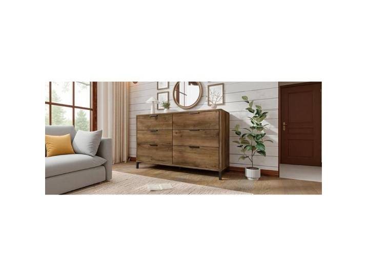 MEULVA Commode à 6 tiroirs 120 x 40 x 76 cm chêne foncé en panneaux de particules et métal noir