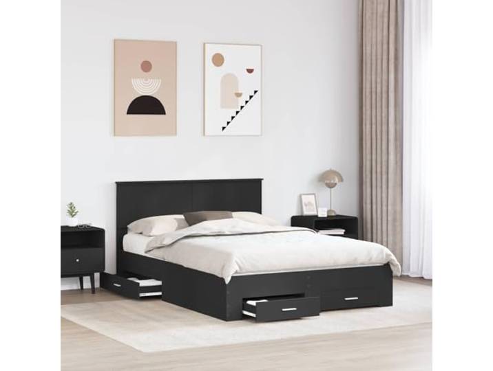 KTHLBRH Doppelbett Schwarz 135 x 190 cm mit Schubladen Technisches Holz, Lattenrost, modernes Design, einfache Montage