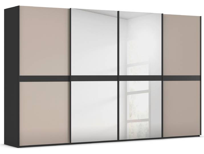 Schwebetürenschrank, Holzwerkstoff, Schwarz/Glas Fango, 360×223×68 cm, Edle Optik, Modern, Rauch