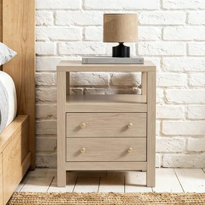 DREAMSIDEA Modern Solid Wood Nightstand 2 Drawers & Open Shelf Bedside Table