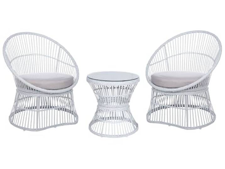 Balkonset 3-teilig Rattan weiß Tisch mit 2 Stühlen Auflagen beige Mesyna
