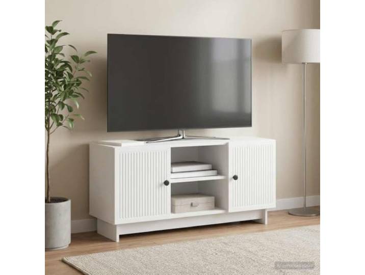 TV-Schrank 102 x 34,5 x 50 cm Weiß Holzwerkstoff mit Türen und Regalböden Robuster Holzwerkstoff, weiße Oberfläche, verstellbare Regalböden, 90° Pendeltüren, moderne Metallgriffe, pflegeleichte