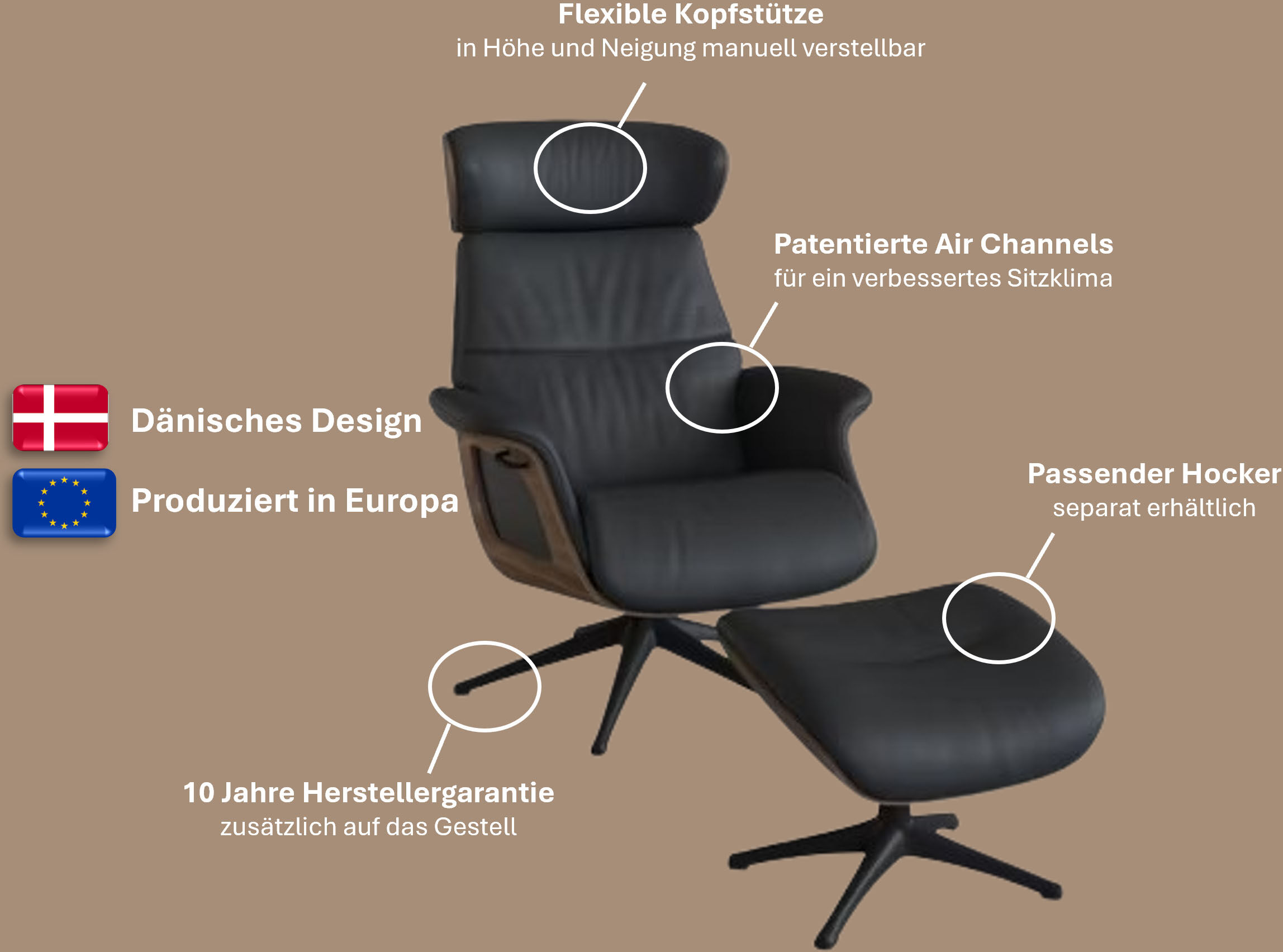 Relaxsessel FLEXLUX "Rücken u. Kopfverstellung, ergonomisch, Airchannels, klasse Komfort", grau (warm mineral grau), B:83cm H:68cm T:125cm, 100% Echteder, Sessel, Relaxsessel, Rücken- & Kopfteilverstellung, Drehbar, Armlehne Walnuss, Fuß Schwarz